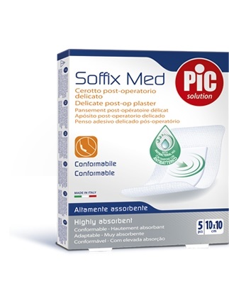 CEROTTO PIC SOFFIX MED IN TNT CON TAMPONE CENTRALE ASSORBENTE STERILE MONOUSO 10X10 CM ANTIBATTERICO 5 PEZZI - Farmacia-flash.it