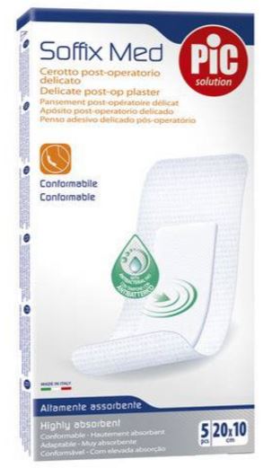 CEROTTO PIC SOFFIX MED IN TNT CON TAMPONE CENTRALE ASSORBENTE STERILE MONOUSO 10X20 CM ANTIBATTERICO 5 PEZZI - Farmacia-flash.it