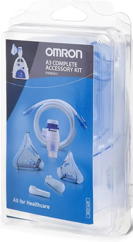 OMRON A3 COMPLETE KIT RICAMBIO AMPOLLA REGOLABILE + TUBO + MASCHERINA PEDIATRICA + MASCHERINA ADULTI + FORCELLE NASALI + BOCCAGLIO - Farmacia-flash.it