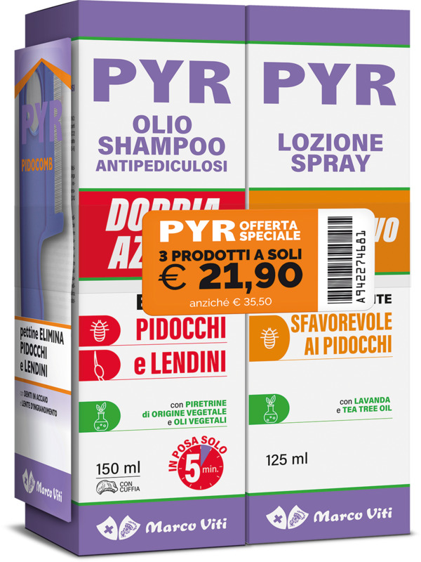 PYR ABB OLIO SHAMPOO ANTIPEDICULOSI + 1 OLIO SHAMPOO DOPPIA AZIONE + 1 LOZIONE SPRAY + 1 PETTINE LENDINI - Farmacia-flash.it