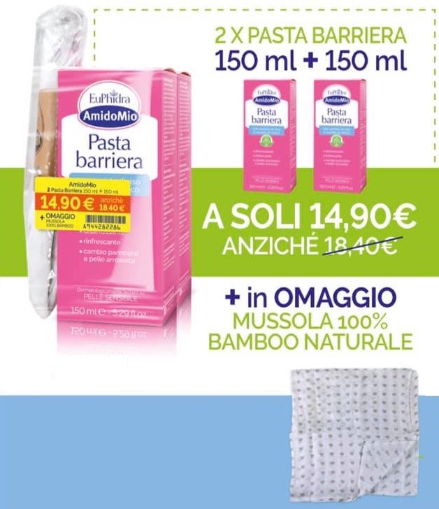 EUPHIDRA AMIDOMIO PASTA BARRIERA 2X150 ML + MUSSOLA GADGET - Farmacia-flash.it