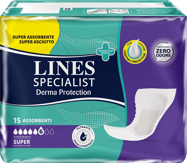 PANNOLONE PER INCONTINENZA LINES SPECIALIST DERMA PROTECTION SAGOMATO ANATOMICO SUPER 15 PEZZI - Farmacia-flash.it
