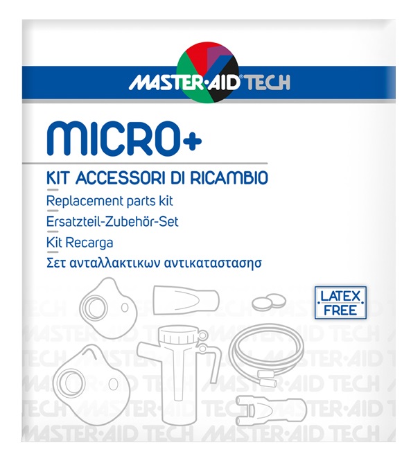 MASTER AID TECH MICRO+ KIT ACCESSORI DI RICAMBIO: AMPOLLA + MASCHERA ADULTI + MASCHERA BAMBINI + 2 FILTRI ARIA + BOCCAGLIO + FORCELLA NASALE + TUBO RACCORDO PVC - Farmacia-flash.it