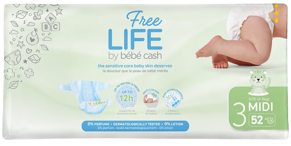 FREELIFE BY BEBECASH PANNOLINI MIDI TAGLIA 3 4-9 KG GIROVITA 35-56 CM 52 PEZZI - Farmacia-flash.it