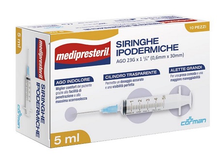 SIRINGA IPODERMICA MEDIPRESTERIL AGO 23 GAUGE 1 1/4 0,5X30MM 5 ML 10 PEZZI - Farmacia-flash.it