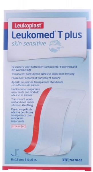 LEUKOMED T PLUS SKIN SENSITIVE MEDICAZIONE POST-OPERATORIA TRASPARENTE IMPERMEABILE CON MASSA ADESIVA AL SILICONE 8X15CM 5 PEZZI - Farmacia-flash.it