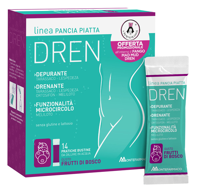 PANCIA PIATTA DREN FRUTTI DI BOSCO 14 BUSTINE STICK PACK + FANGO ATTIVO CELLULITE 100 ML OMAGGIO - Farmacia-flash.it