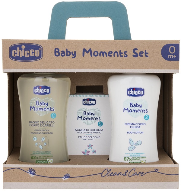 CHICCO BABY MOMENTS SET BAGNO DELICATO CORPO-CAPELLI PELLI DELICATE 200 ML + CREMA CORPO PELLI DELICATE 200 ML + ACQUA DI COLONIA BABY SMELL PELLI DELICATE 100 ML - Farmacia-flash.it
