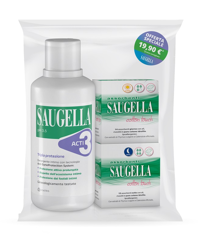 SAUGELLA ACTI3 DETERGENTE INTIMO + 2 SCATOLE ASSORBENTI GIORNO E NOTTE - Farmacia-flash.it