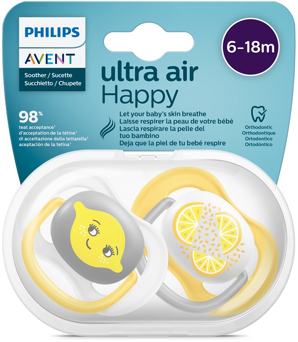 AVENT ULTRA AIR CIUCCIO ORTODONTICO 6-18 MESI NEUTRO/LIMONI 2 PEZZI - Farmacia-flash.it