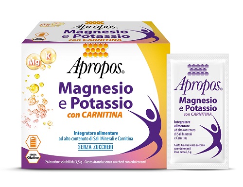 APROPOS MAGNESIO E POTASSIO CON CARNITINA 24 BUSTINE SOLUBILI DA 3,5 G GUSTO ARANCIA SENZA ZUCCHERI - Farmacia-flash.it