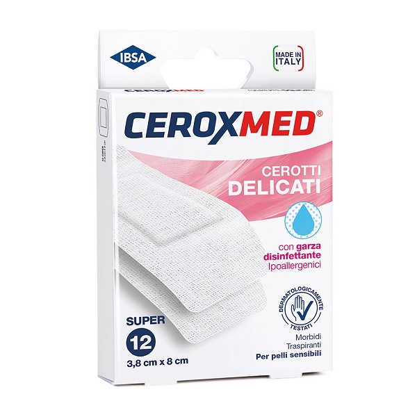 CEROTTI DELICATI CEROXMED CON GARZA DISINFETTANTE IPOALLERGENICI PER PELLI SENSIBILI SUPER 3,8X8CM 12 PEZZI - Farmacia-flash.it