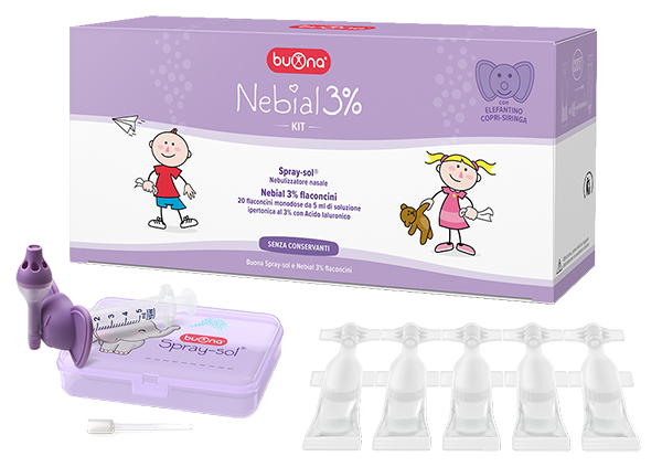 NEBIAL 3% KIT 20 FLACONCINI MONODOSE 5ML SOLUZIONE IPERTONICA CON ACIDO IALURONICO + NEBULIZZATORE SPRAY-SOL - Farmacia-flash.it