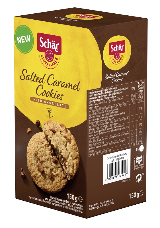SCHAR SALTED CARAMEL COOKIES CON GOCCE DI CIOCCOLATO AL LATTE E CARAMELLO 150 G - Farmacia-flash.it