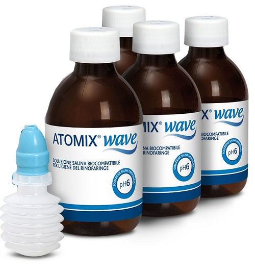 ATOMIX WAVE DISPOSITIVO PER IGIENE RINOFARINGEA ATOMIX SOLUZIONE SALINA 4 FLACONI DA 250 ML - Farmacia-flash.it