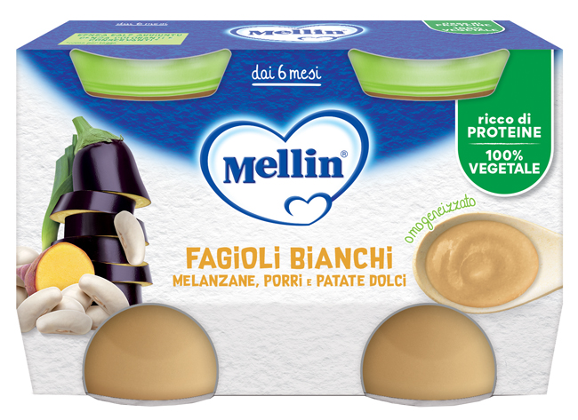 MELLIN OMOGENEIZZATO FAGIOLI BIANCHI E MELANZANE 2 PEZZI DA 130 G - Farmacia-flash.it