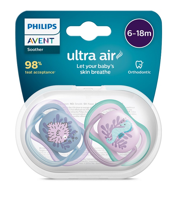 AVENT ULTRA AIR CIUCCIO ORTODONTICO 6-18 MESI PESCE PALLA/CAVALLUCCIO MARINO 2 PEZZI - Farmacia-flash.it