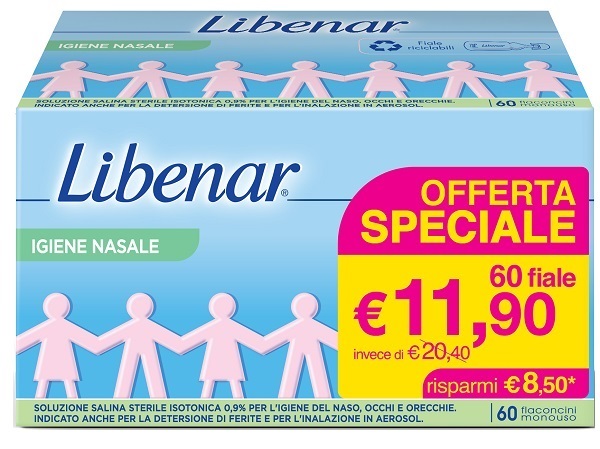 SOLUZIONE SALINA ISOTONICA 0,9% LIBENAR PER IGIENE NASALE 60 FLACONCINI MONOUSO X 5 ML - Farmacia-flash.it