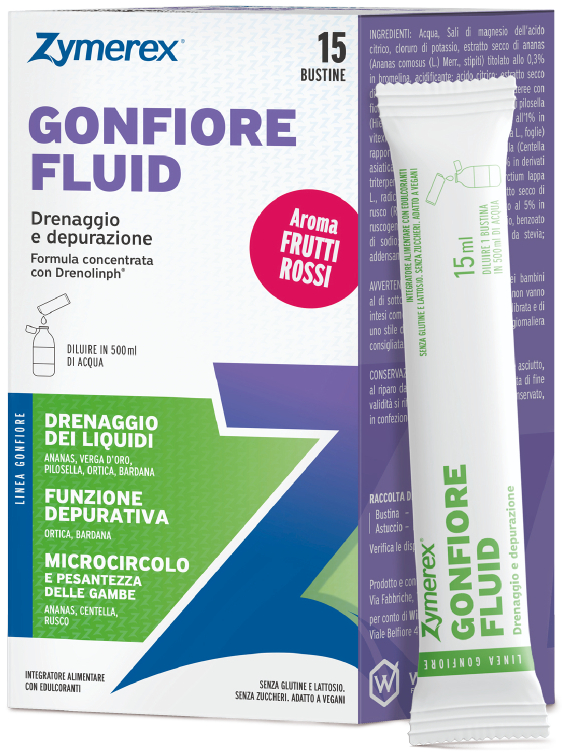 ZYMEREX GONFIORE FLUID FRUTTI ROSSI 15 BUSTINE DA 15 ML CON EDULCORANTI SENZA ZUCCHERI SENZA GLUTINE SENZA LATTOSIO - Farmacia-flash.it