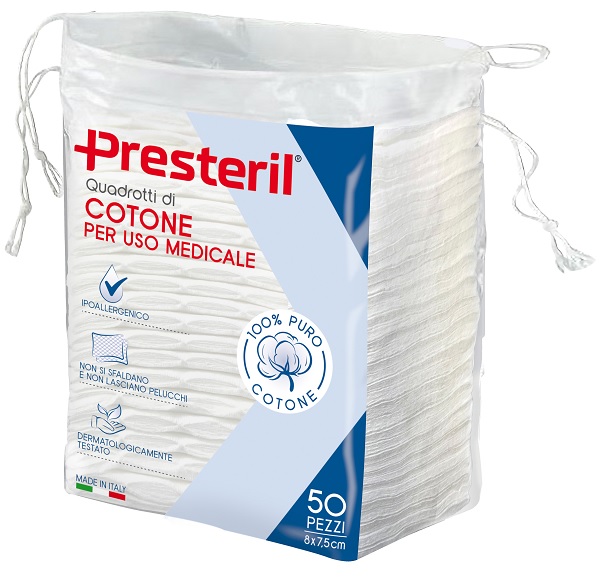 QUADROTTI COTONE IDROFILO PRESTERIL 8X7,5 CM 50 PEZZI - Farmacia-flash.it