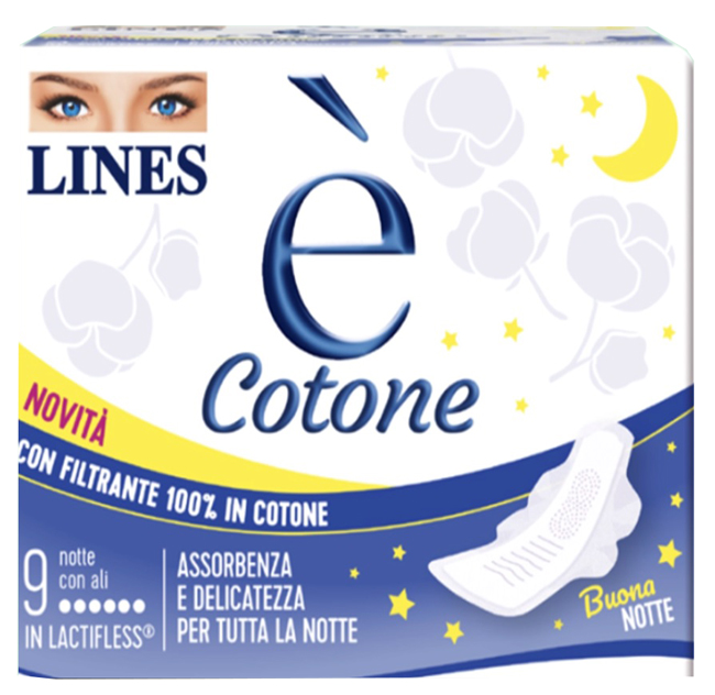 LINES E' COTONE ALI ASSORBENTE ESTERNO NOTTE 9 PEZZI - Farmacia-flash.it