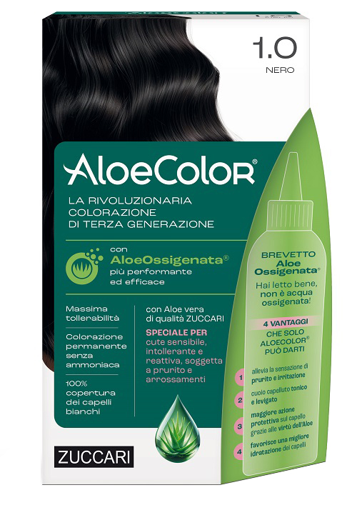 ALOECOLOR 1,0 NERO TINTA PERMANENTE CAPELLI COLORE AD ALTA PIGMENTAZIONE 50 ML + RIVELATORE ALOEOSSIGENATA 75 ML + SHAMPOO ALOECARE 15 ML + GUANTI - Farmacia-flash.it