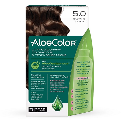 ALOECOLOR 5,0 CASTANO CHIARO TINTA PERMANENTE CAPELLI COLORE AD ALTA PIGMENTAZIONE 50 ML + RIVELATORE ALOEOSSIGENATA 75 ML + SHAMPOO ALOECARE 15 ML + GUANTI - Farmacia-flash.it