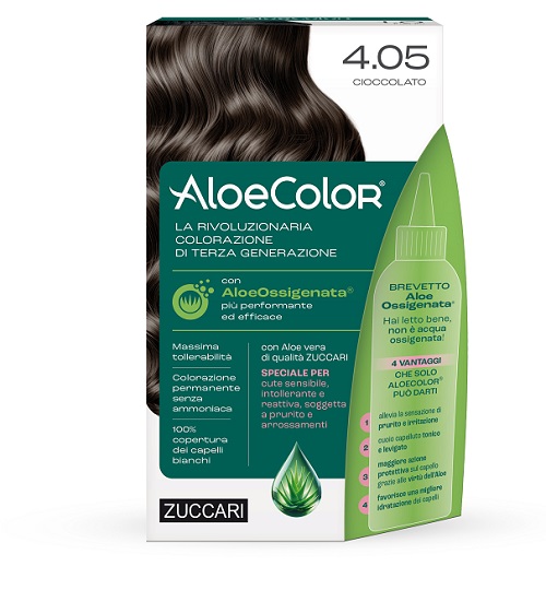 ALOECOLOR 4,05 CIOCCOLATO TINTA PERMANENTE CAPELLI COLORE AD ALTA PIGMENTAZIONE 50 ML + RIVELATORE ALOEOSSIGENATA 75 ML + SHAMPOO ALOECARE 15 ML + GUANTI - Farmacia-flash.it