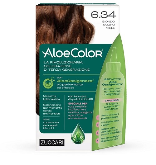 ALOECOLOR 6,34 BIONDO SCURO MIELE TINTA PERMANENTE CAPELLI COLORE AD ALTA PIGMENTAZIONE 50 ML + RIVELATORE ALOEOSSIGENATA 75 ML + SHAMPOO ALOECARE 15 ML + GUANTI - Farmacia-flash.it
