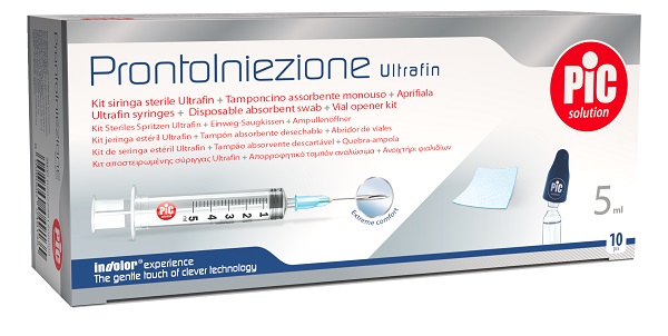 PRONTOINIEZIONE ULTRAFIN KIT SIRINGA STERILE 5 ML GAUGE 23 10 PEZZI + TAMPONCINO ASSORBENTE MONOUSO + APRIFIALA - Farmacia-flash.it